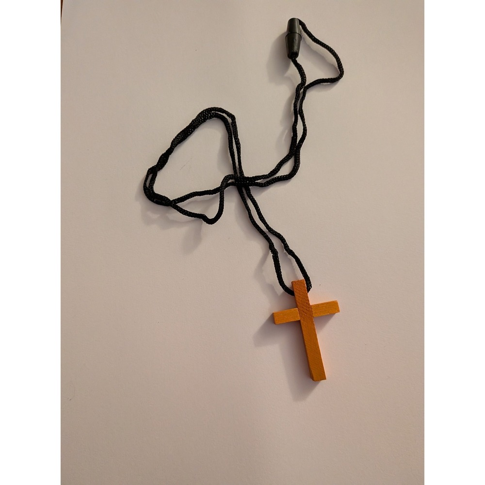 Handcrafted Wooden Cross Pendant Necklace Black Braided Cord Honey Brown Wood